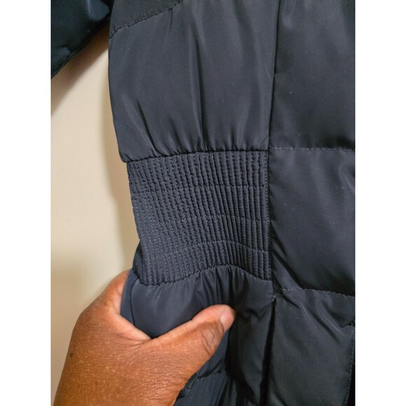 Cole Haan Women's PXS Navy Quilted Long Puffer Coat Detachable Hood Gold Elastic - Picture 6 of 8